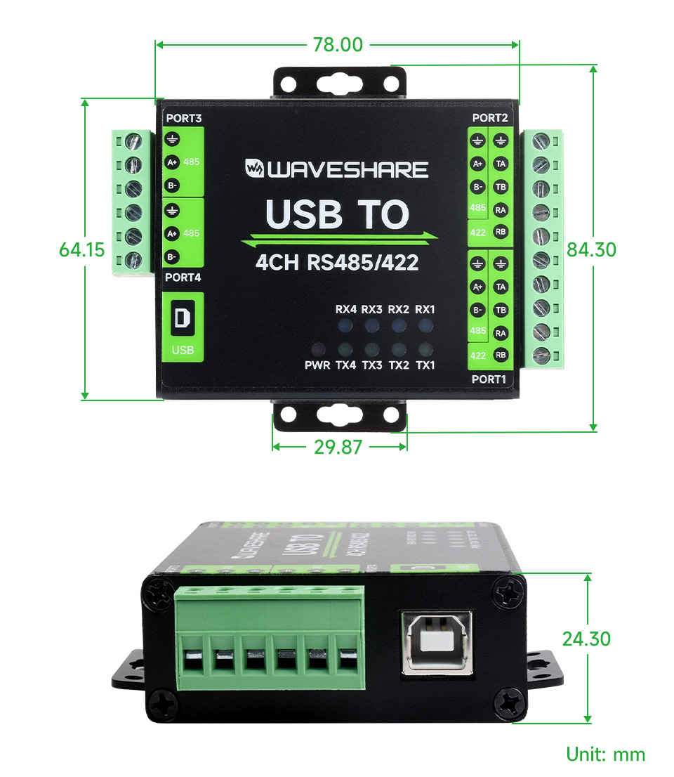 Габаритний кресленик адаптера USB TO 4CH RS485/422