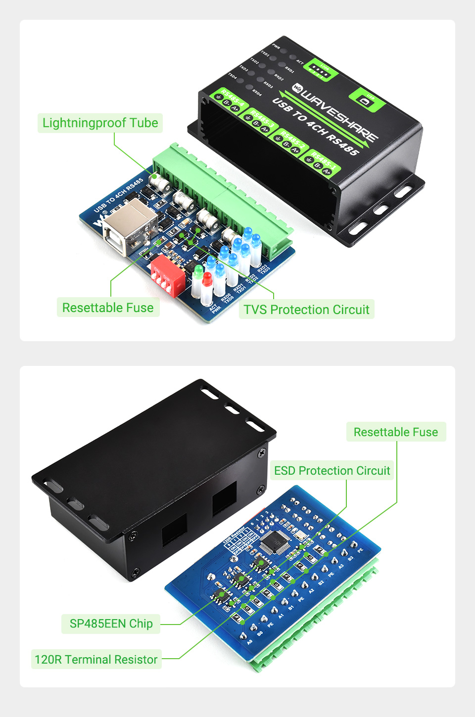 Адаптер Waveshare USB TO 4CH RS485, загальний вигляд та схема підключення