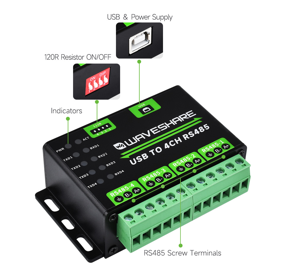 Розташування інтерфейсів та індикаторів на корпусі USB TO 4CH RS485