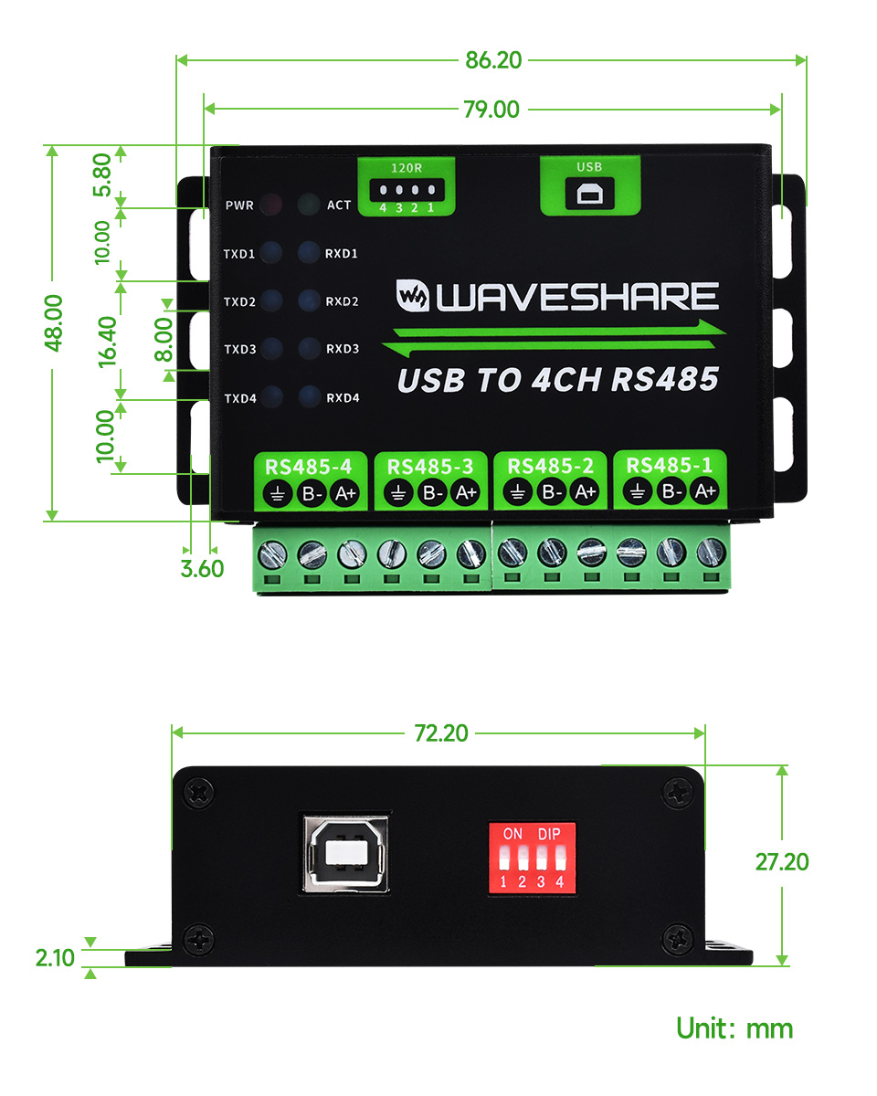 Габаритні розміри адаптера Waveshare USB TO 4CH RS485
