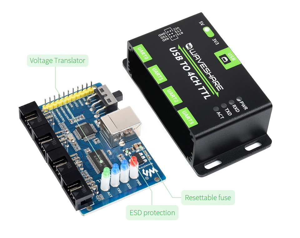 Адаптер Waveshare USB TO 4CH TTL, загальний вигляд плати в корпусі
