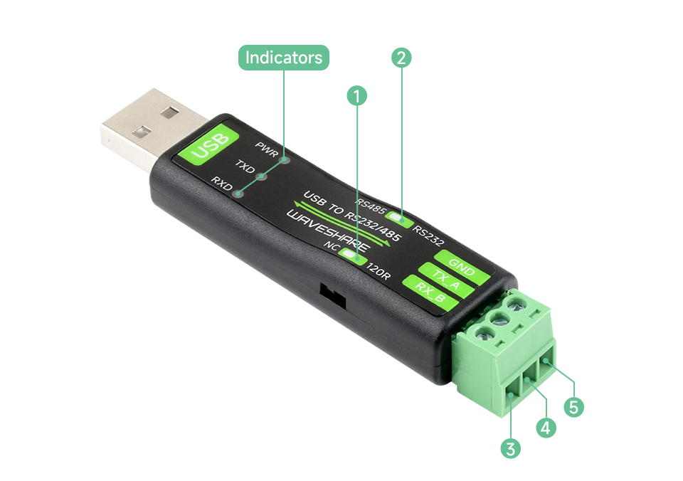 Елементи та інтерфейси адаптера USB TO RS232/485 Розташування елементів і перемикачів на адаптері USB TO RS232/485