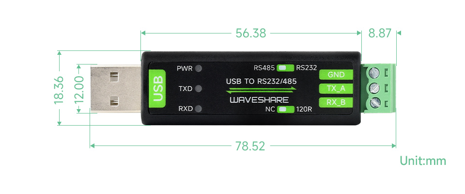 Розміри адаптера USB TO RS232/485 Габаритні розміри адаптера USB TO RS232/485 Waveshare