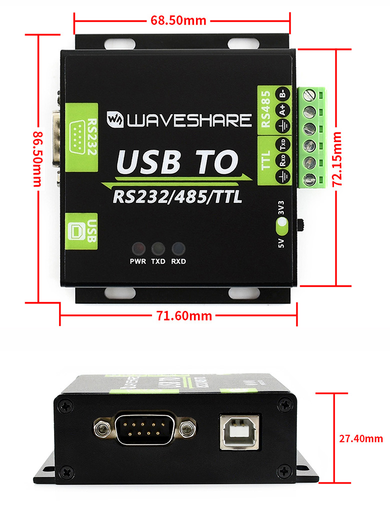 Габарити адаптера Waveshare USB TO RS232/485/TTL 15817 Габаритні розміри адаптера Waveshare USB TO RS232/485/TTL 15817