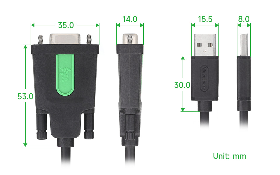 Габарити роз’ємів USB та RS232 Габаритні розміри роз’ємів USB та RS232 кабелю 26010
